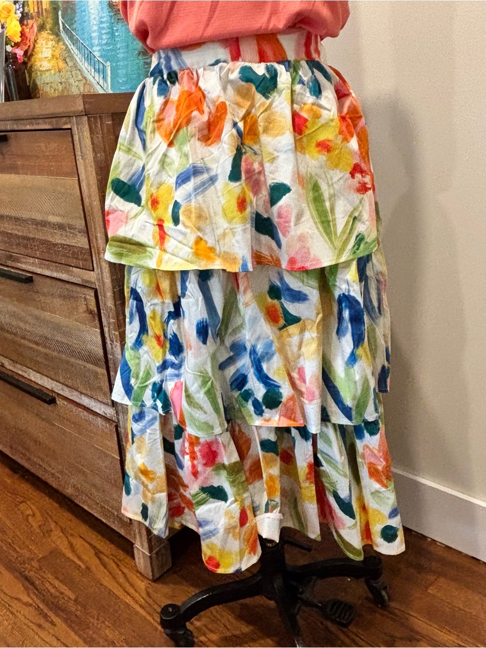 Tiered Maxi Skirt with Multicolor Watercolor Print